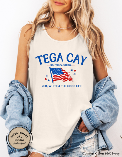 Tega Cay Red, White & The Good Life Patriotic Graphic Tee – South Carolina Fourth of July Shirt, Local Lake Life Americana Tee (Adult Sizes S–2XL)