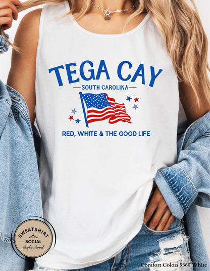 Tega Cay Red, White & The Good Life Patriotic Graphic Tee – South Carolina Fourth of July Shirt, Local Lake Life Americana Tee (Adult Sizes S–2XL)