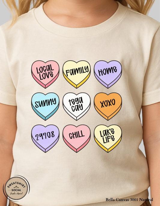 Tega Cay Valentine’s Day Candy Heart Shirt for Kids – Local Love Design (Infant–Youth Sizes)