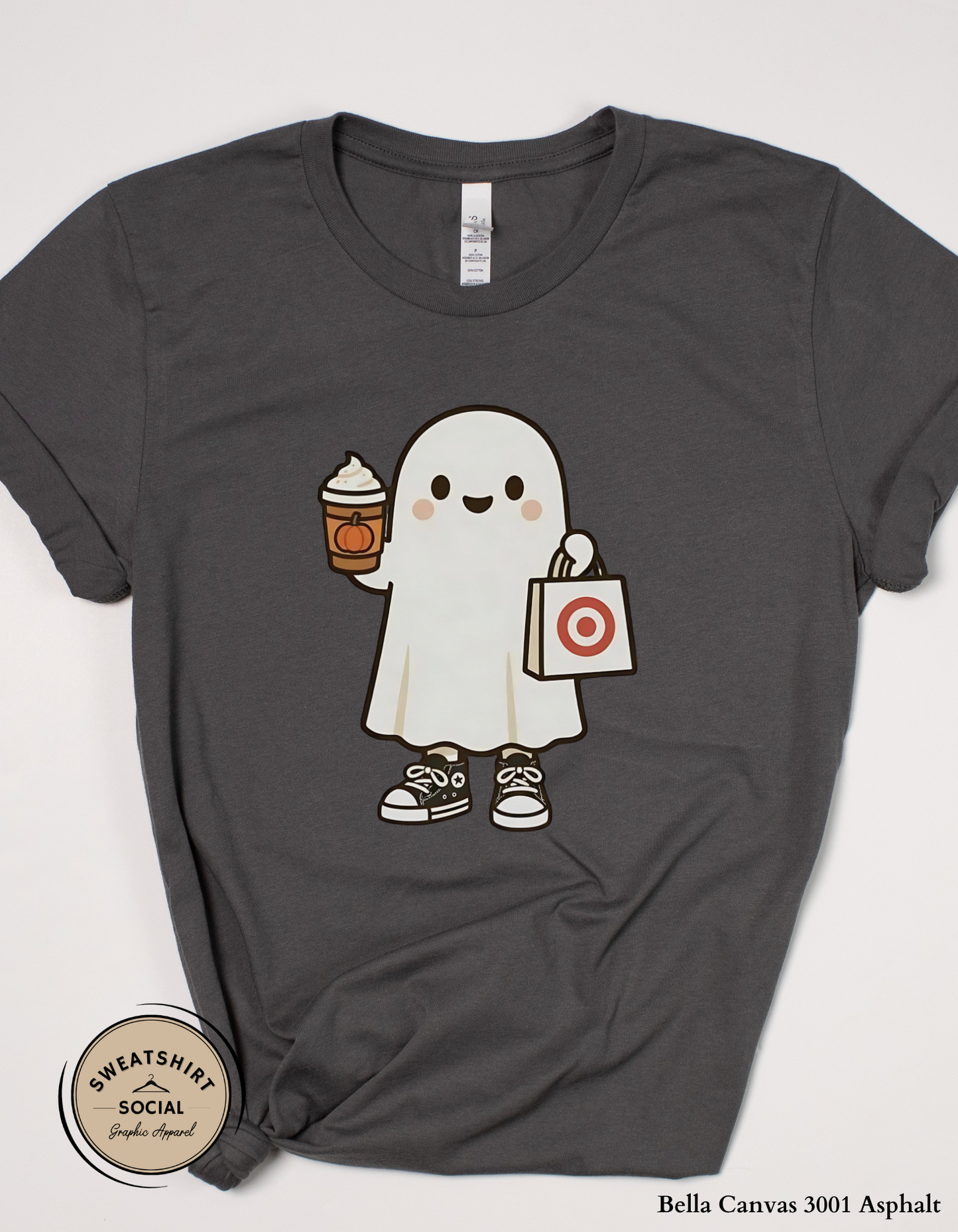 Adult Shopping Ghost Halloween Shirt – Pumpkin Spice Coffee & Target Run Tee (Unisex S–2XL)