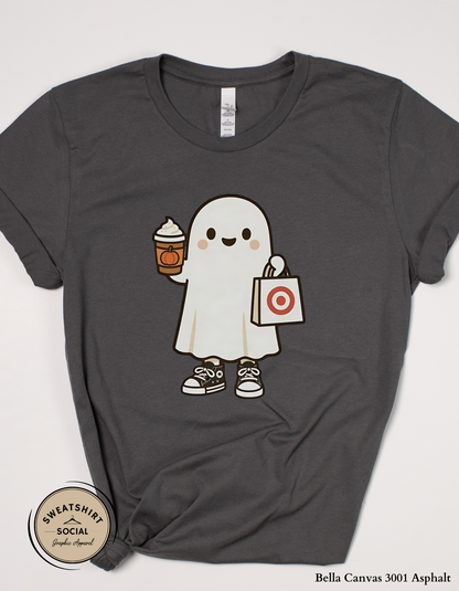 Adult Shopping Ghost Halloween Shirt – Pumpkin Spice Coffee & Target Run Tee (Unisex S–2XL)