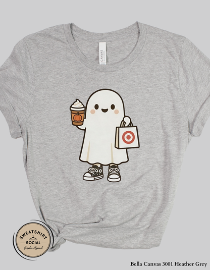 Adult Shopping Ghost Halloween Shirt – Pumpkin Spice Coffee & Target Run Tee (Unisex S–2XL)
