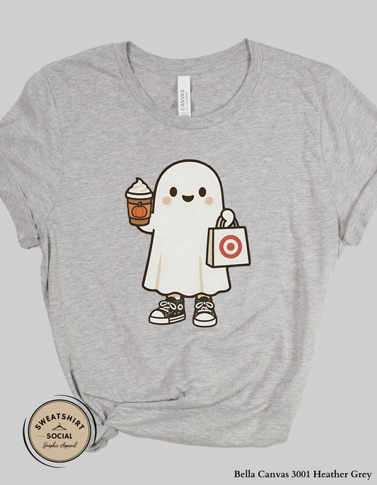 Adult Shopping Ghost Halloween Shirt – Pumpkin Spice Coffee & Target Run Tee (Unisex S–2XL)