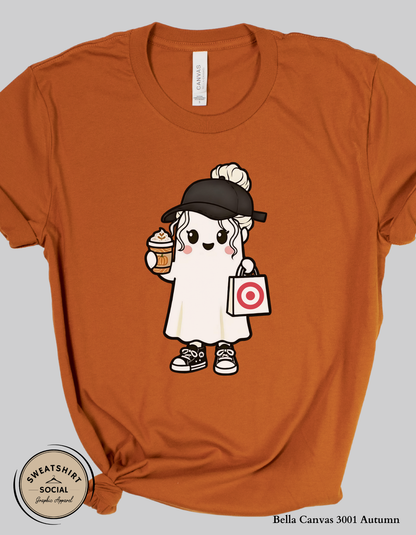 Trendy Halloween Ghost with Coffee Shirt – Fall Shopping and Coffee Tee or Sweatshirt (Adult Sizes S–2XL)