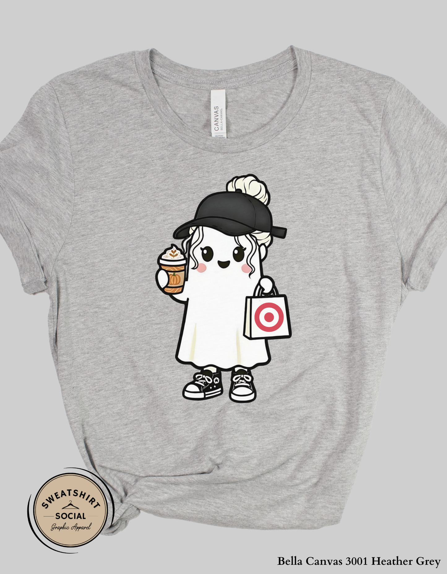 Trendy Halloween Ghost with Coffee Shirt – Fall Shopping and Coffee Tee or Sweatshirt (Adult Sizes S–2XL)