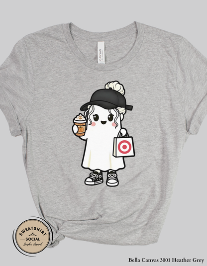 Trendy Halloween Ghost with Coffee Shirt – Fall Shopping and Coffee Tee or Sweatshirt (Adult Sizes S–2XL)