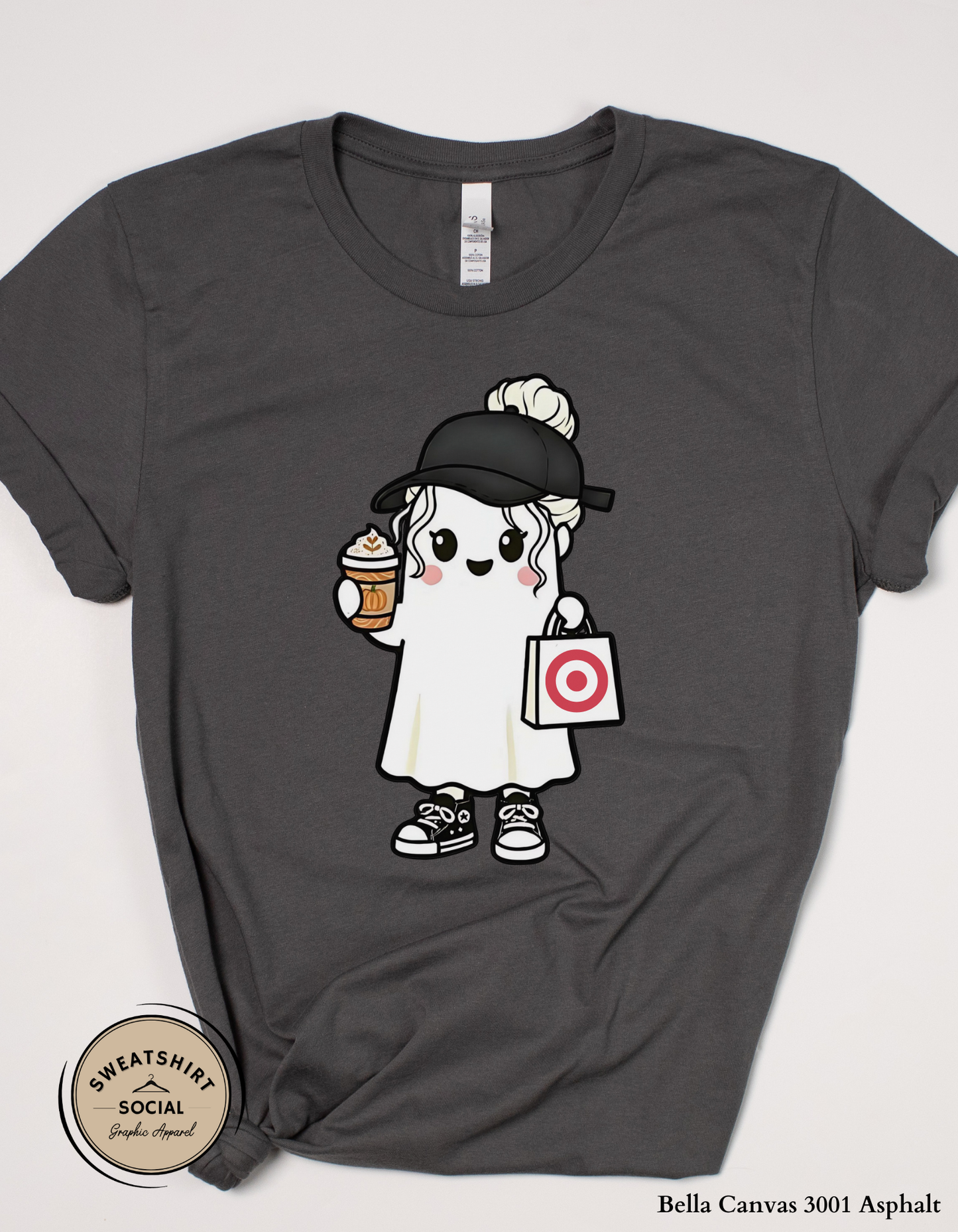Trendy Halloween Ghost with Coffee Shirt – Fall Shopping and Coffee Tee or Sweatshirt (Adult Sizes S–2XL)