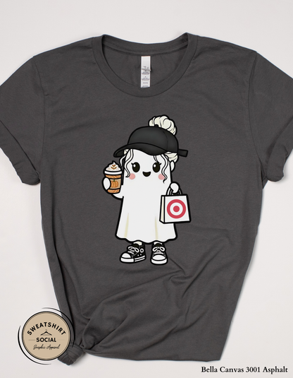 Trendy Halloween Ghost with Coffee Shirt – Fall Shopping and Coffee Tee or Sweatshirt (Adult Sizes S–2XL)