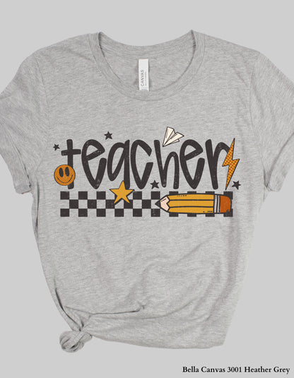 Vintage Teacher Shirt or Sweatshirt – Retro Checkered Pencil Design (Unisex Fit for Back to School)