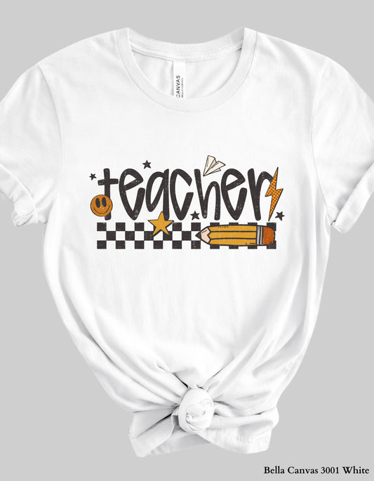 Vintage Teacher Shirt or Sweatshirt – Retro Checkered Pencil Design (Unisex Fit for Back to School)