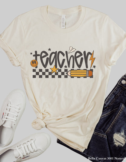 Vintage Teacher Shirt or Sweatshirt – Retro Checkered Pencil Design (Unisex Fit for Back to School)