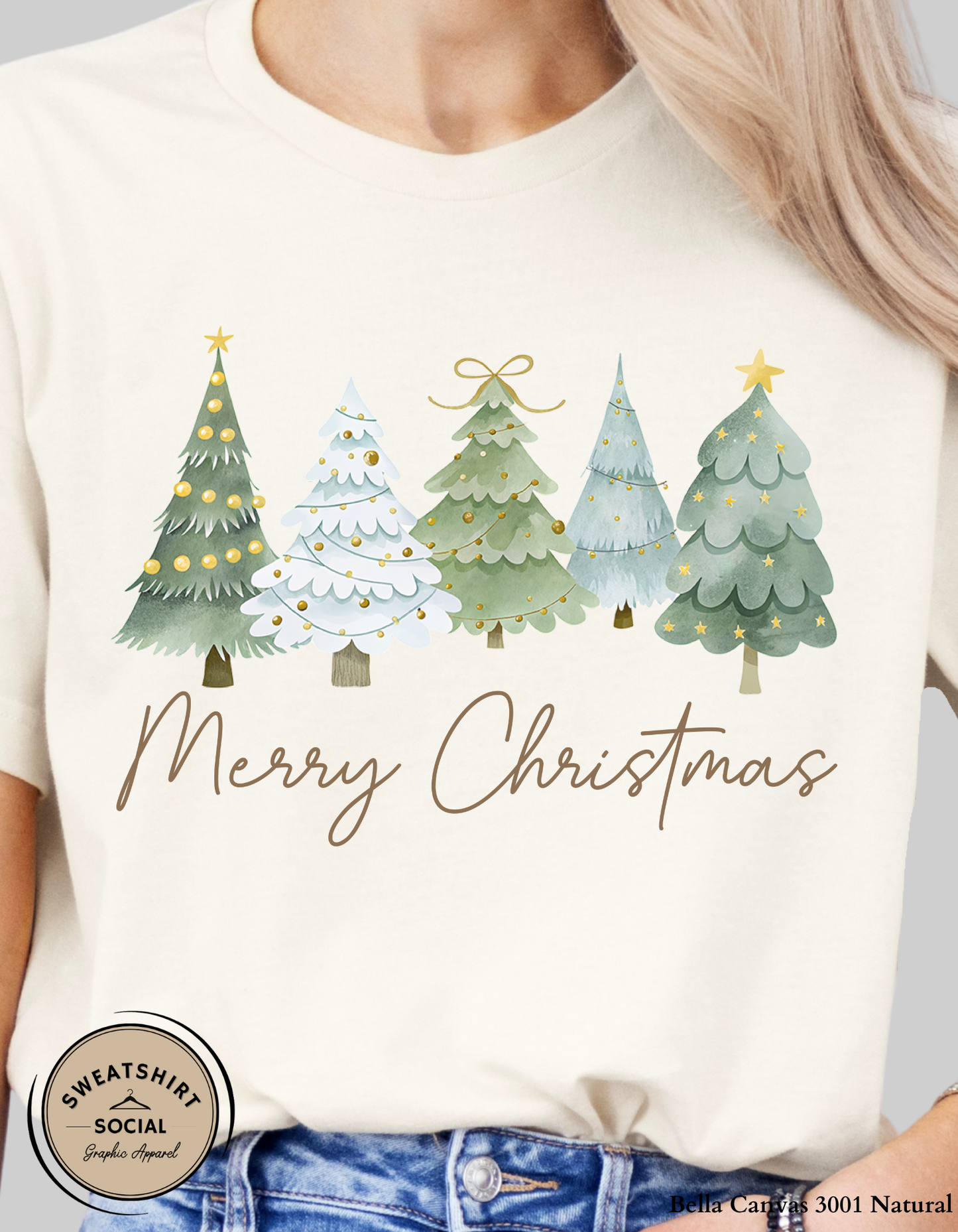 Merry Christmas Tree Lineup T-Shirt or Sweatshirt – Cozy Holiday Design (Adult Sizes S–2XL)