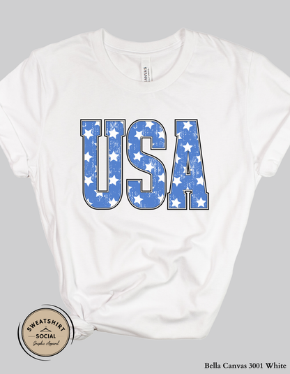 USA Stars Patriotic Graphic Tee – Vintage Americana Fourth of July Shirt, Distressed USA Lettering Summer Tee (Adult Sizes S–2XL)