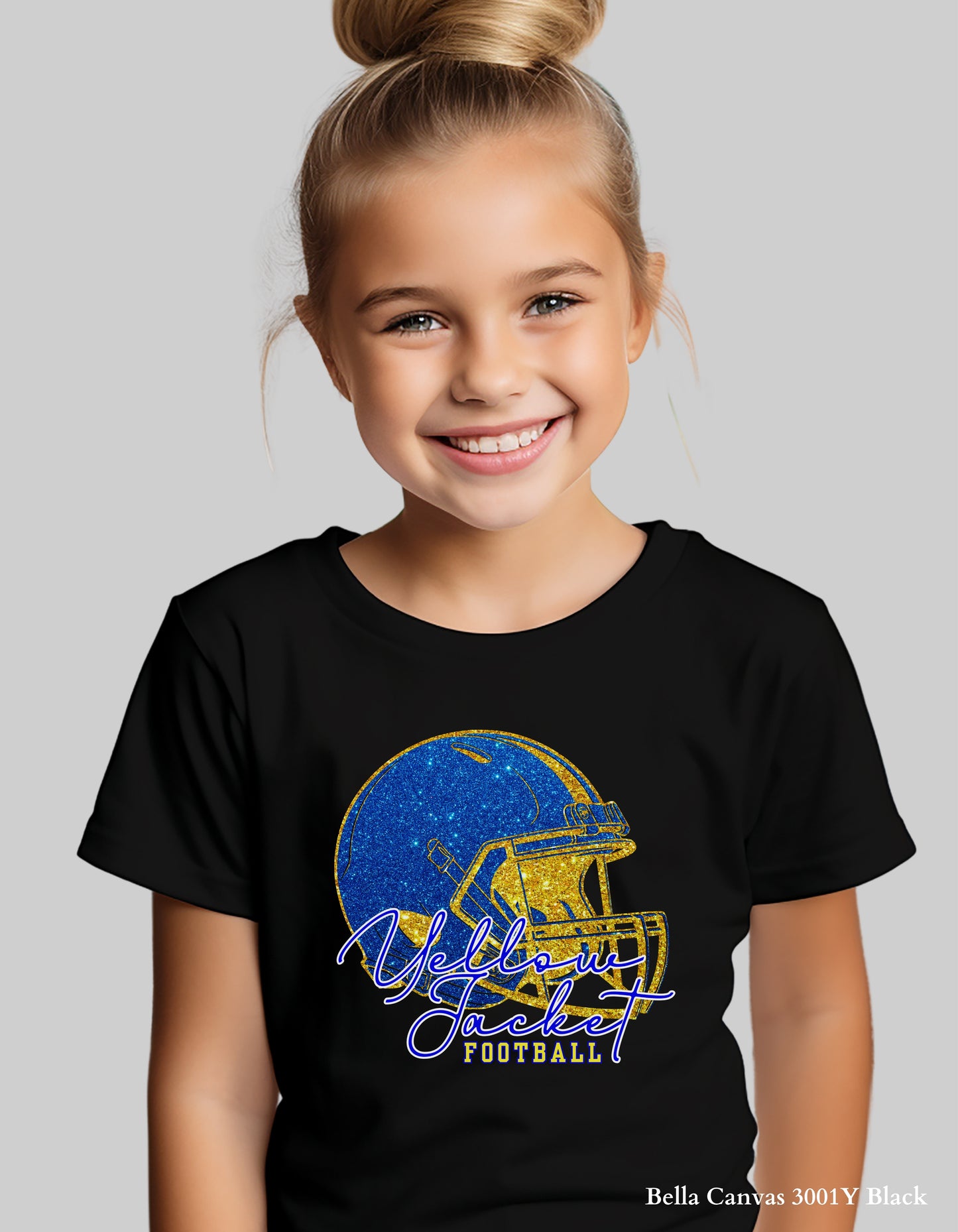 Kids Fort Mill Yellow Jacket Football Shirt – Faux Glitter Helmet Design (Infant, Toddler, and Youth Game Day Top)