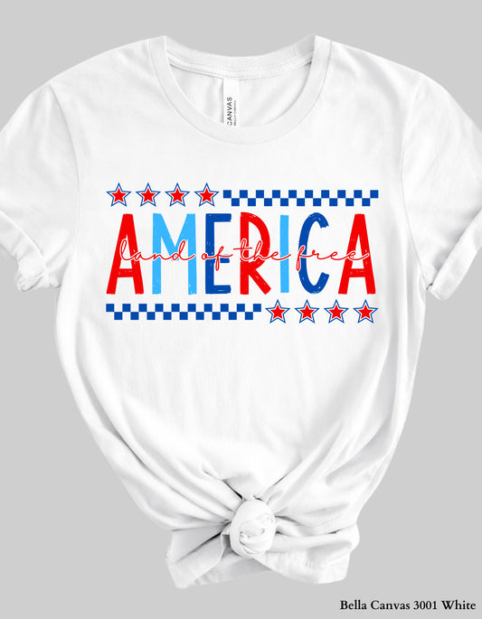 America – Land of the Free Shirt or Tank (Adult Sizes) | Patriotic Red, White & Blue Tee