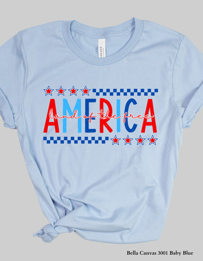 America – Land of the Free Shirt or Tank (Adult Sizes) | Patriotic Red, White & Blue Tee