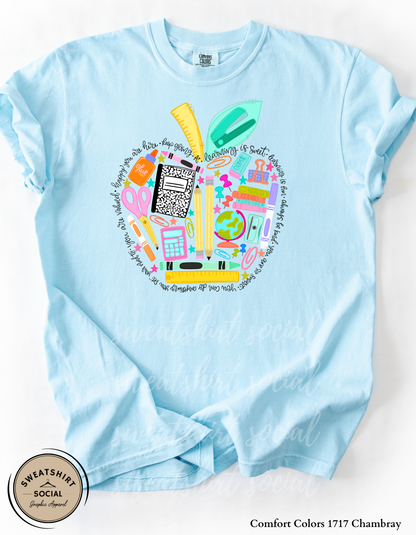 Teacher School Supplies Graphic Tee – Colorful Back to School Shirt (Adult Sizes S–3XL)