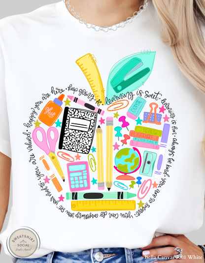 Teacher School Supplies Graphic Tee – Colorful Back to School Shirt (Adult Sizes S–3XL)