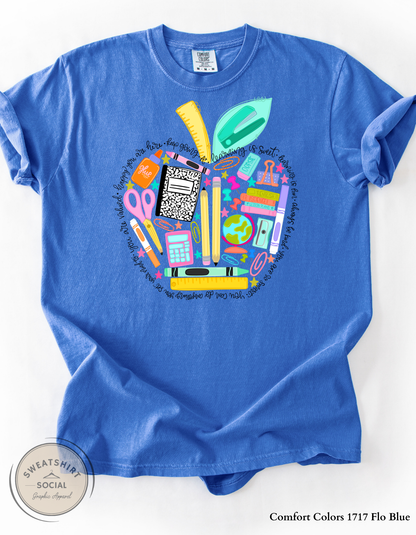 Teacher School Supplies Graphic Tee – Colorful Back to School Shirt (Adult Sizes S–3XL)