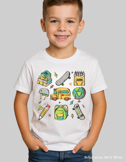 Skater School Supplies Shirt – Colorful Back to School Tee for Kids (Youth & Toddler Sizes)