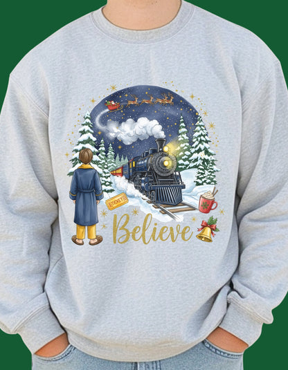 Believe Christmas Sweatshirt – Magical Holiday Train Crewneck (Adult Sizes S–2XL)