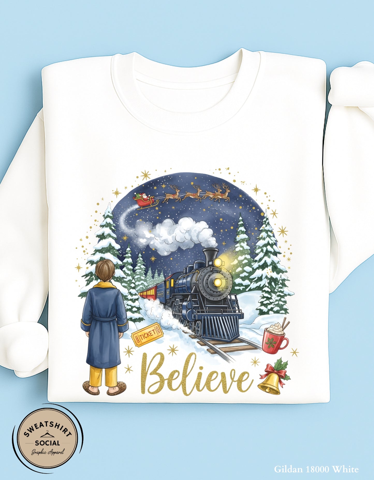 Believe Christmas Sweatshirt – Magical Holiday Train Crewneck (Adult Sizes S–2XL)