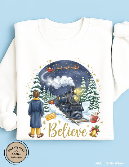 Believe Christmas Sweatshirt – Magical Holiday Train Crewneck (Adult Sizes S–2XL)