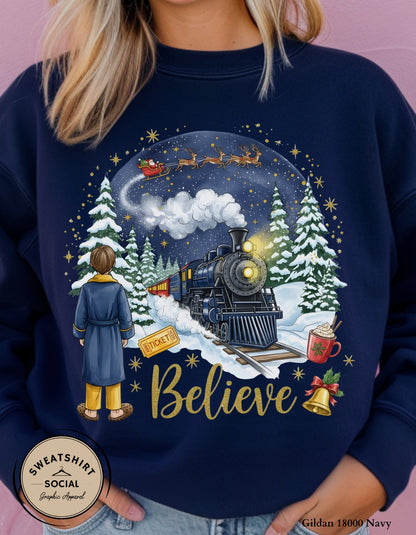 Believe Christmas Sweatshirt – Magical Holiday Train Crewneck (Adult Sizes S–2XL)