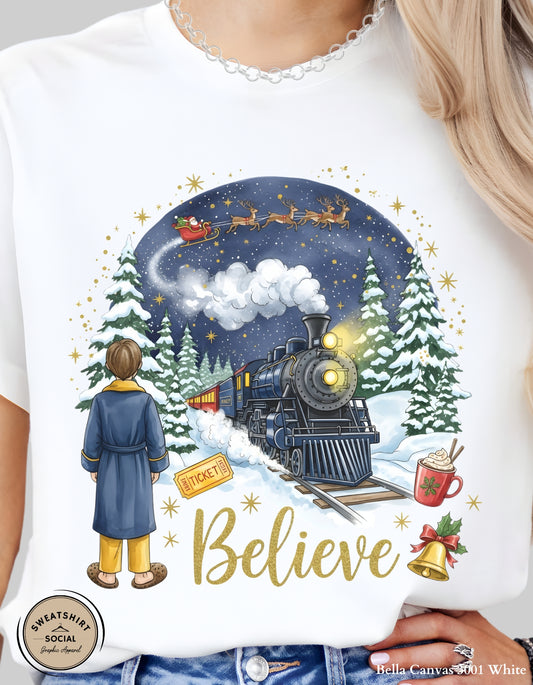 Believe Christmas Sweatshirt – Magical Holiday Train Crewneck (Adult Sizes S–2XL)