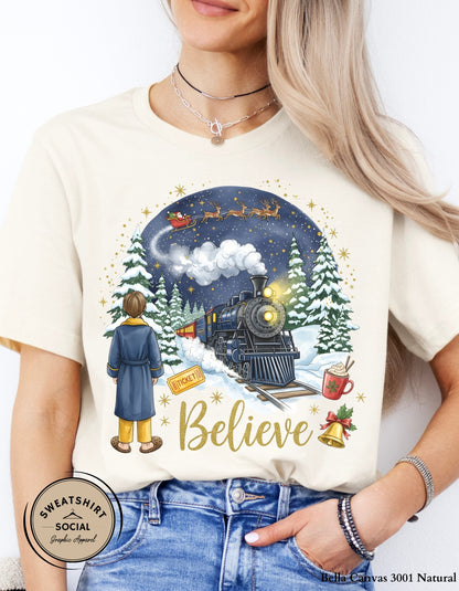 Believe Christmas Sweatshirt – Magical Holiday Train Crewneck (Adult Sizes S–2XL)
