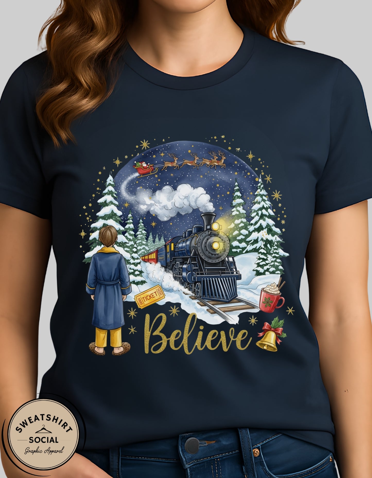 Believe Christmas Sweatshirt – Magical Holiday Train Crewneck (Adult Sizes S–2XL)