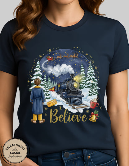 Believe Christmas Sweatshirt – Magical Holiday Train Crewneck (Adult Sizes S–2XL)