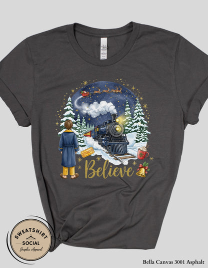 Believe Christmas Sweatshirt – Magical Holiday Train Crewneck (Adult Sizes S–2XL)