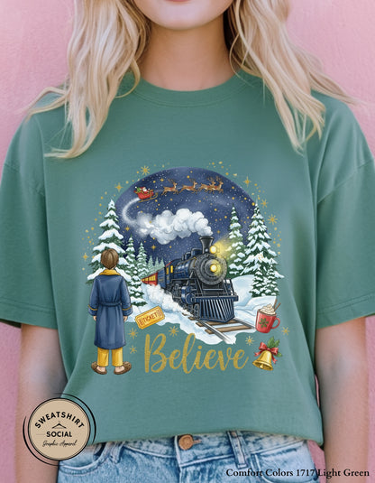 Believe Christmas Sweatshirt – Magical Holiday Train Crewneck (Adult Sizes S–2XL)