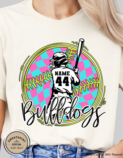 Custom Neon Check Baseball Player Shirt or Tank – Personalized Name & Number Game Day Graphic (Adult Sizes S–2XL)