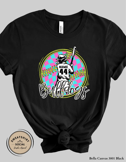 Custom Neon Check Baseball Player Shirt or Tank – Personalized Name & Number Game Day Graphic (Adult Sizes S–2XL)