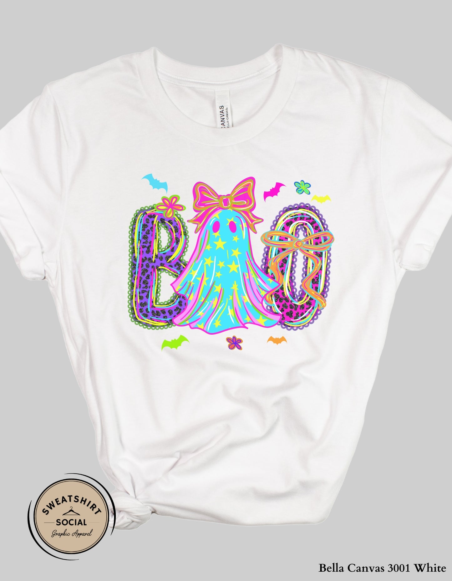 Neon BOO Halloween Shirt or Sweatshirt – Bright & Festive Ghost Design (Adult Sizes)