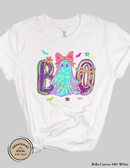 Neon BOO Halloween Shirt or Sweatshirt – Bright & Festive Ghost Design (Adult Sizes)