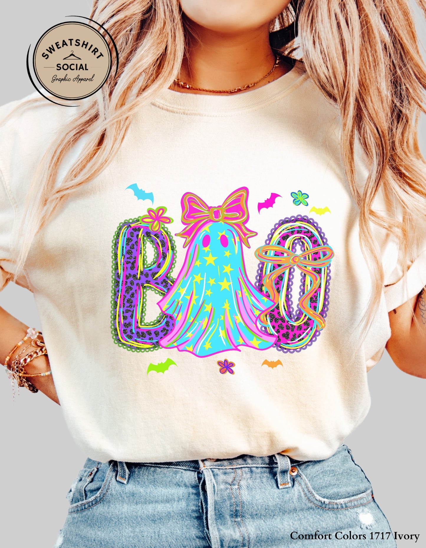 Neon BOO Halloween Shirt or Sweatshirt – Bright & Festive Ghost Design (Adult Sizes)