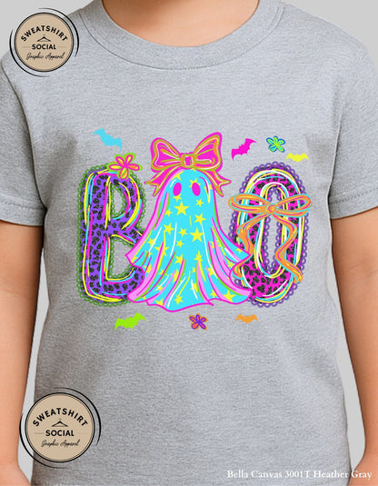 Kids Neon BOO Halloween Shirt – Colorful Ghost Bow T-Shirt or Sweatshirt (Infant, Toddler & Youth Sizes)