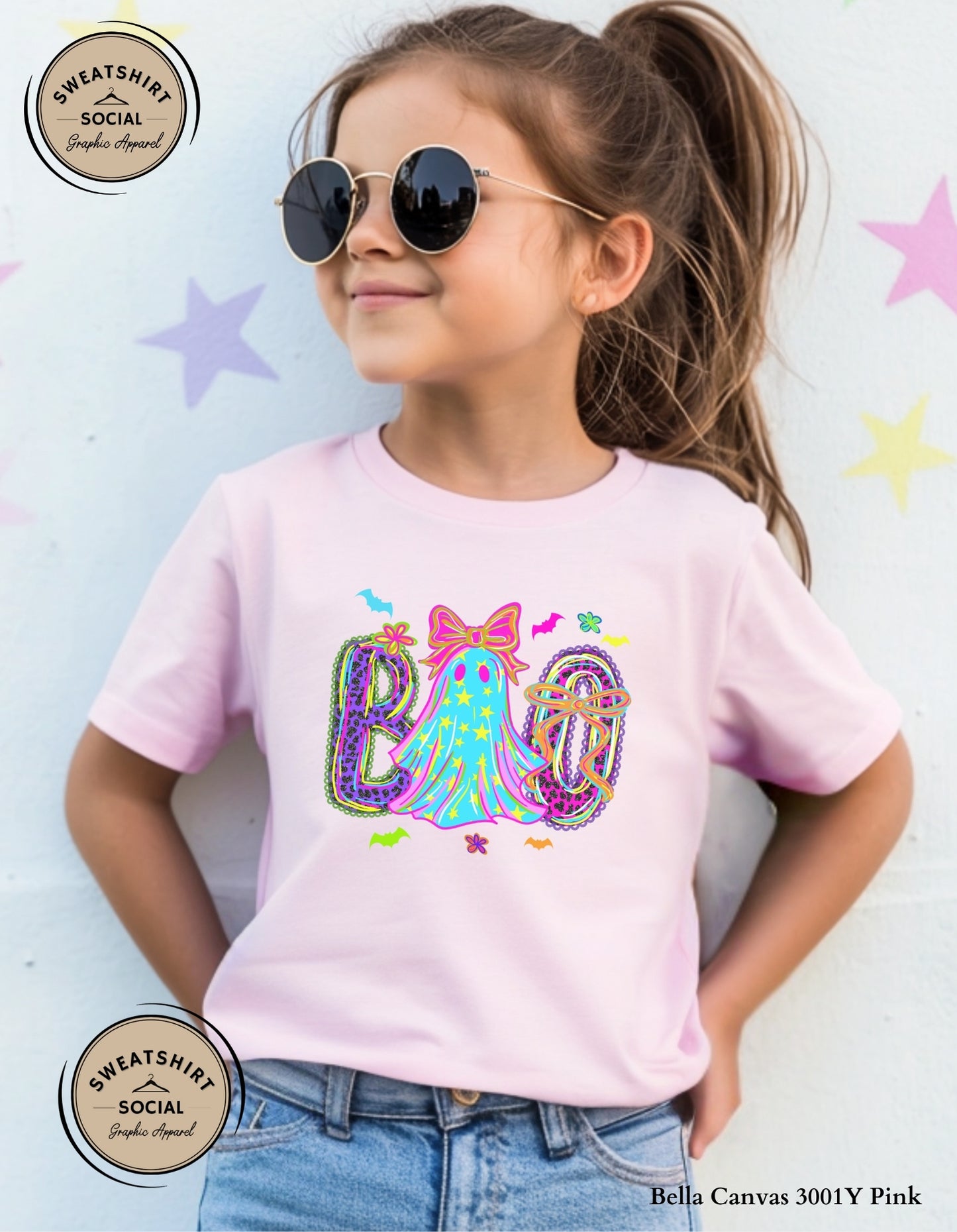 Kids Neon BOO Halloween Shirt – Colorful Ghost Bow T-Shirt or Sweatshirt (Infant, Toddler & Youth Sizes)