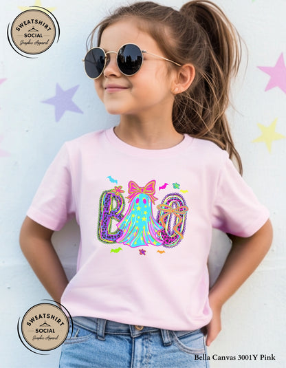 Kids Neon BOO Halloween Shirt – Colorful Ghost Bow T-Shirt or Sweatshirt (Infant, Toddler & Youth Sizes)