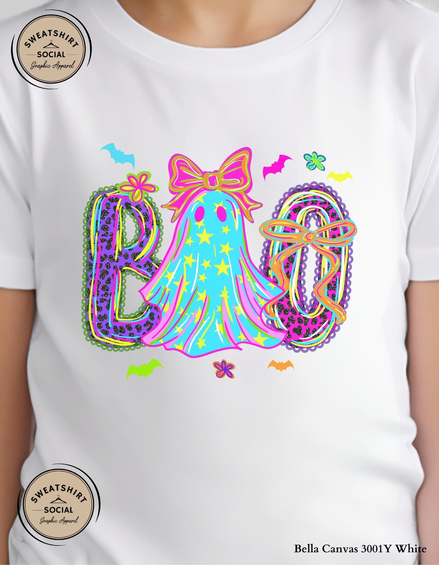 Kids Neon BOO Halloween Shirt – Colorful Ghost Bow T-Shirt or Sweatshirt (Infant, Toddler & Youth Sizes)