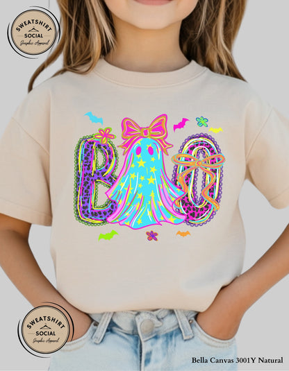Kids Neon BOO Halloween Shirt – Colorful Ghost Bow T-Shirt or Sweatshirt (Infant, Toddler & Youth Sizes)