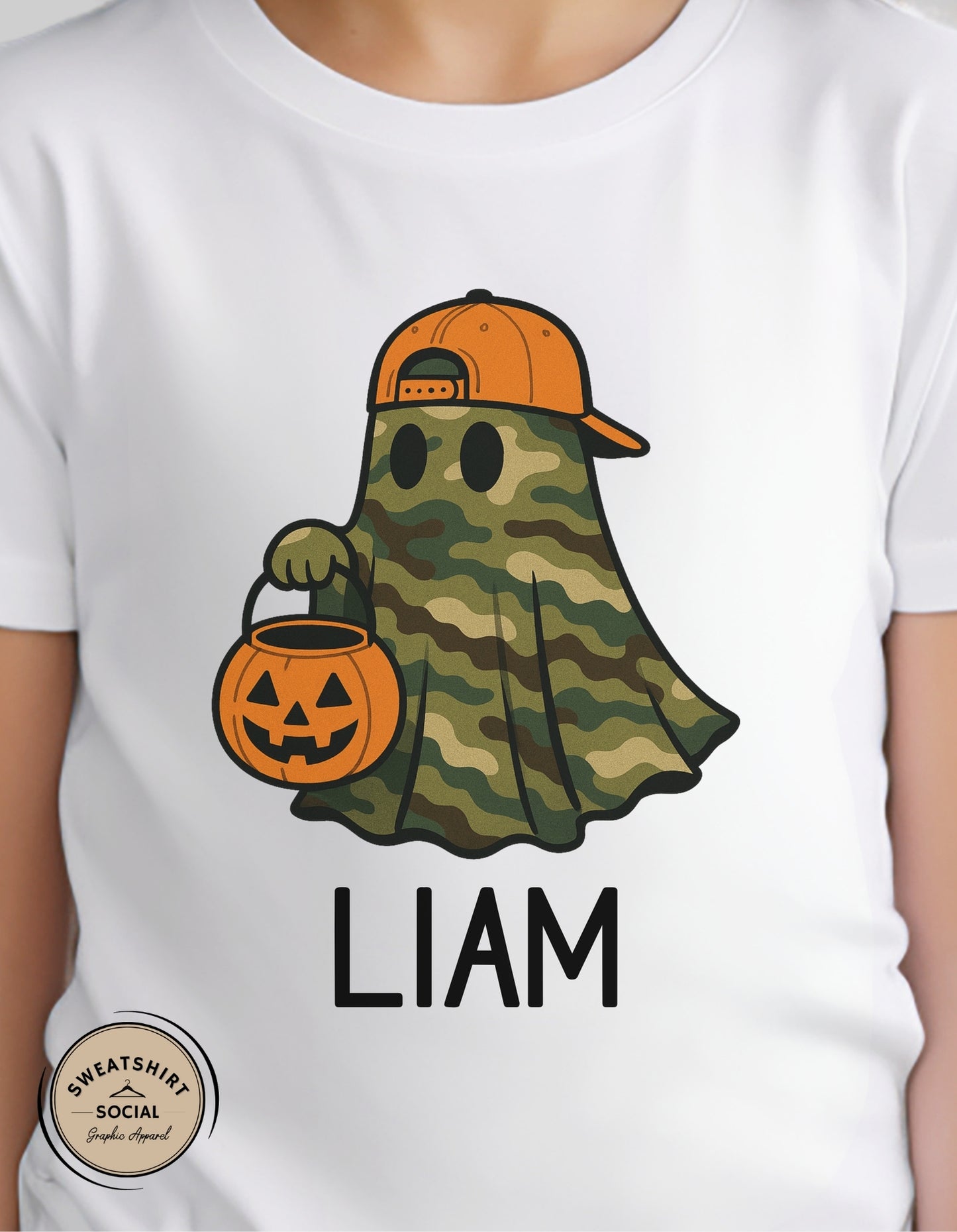 Kids Camo Ghost Halloween Shirt – Customizable Name (Trick-or-Treat Tee or sweatshirt)