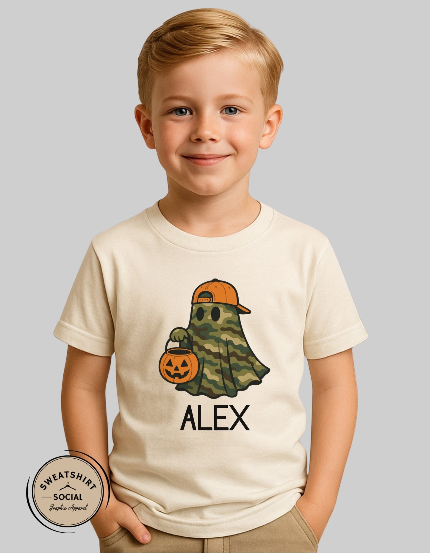 Kids Camo Ghost Halloween Shirt – Customizable Name (Trick-or-Treat Tee or sweatshirt)