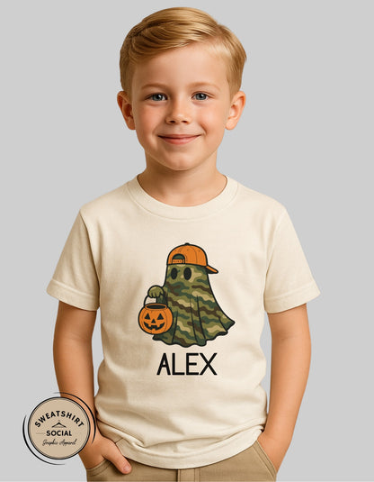 Kids Camo Ghost Halloween Shirt – Customizable Name (Trick-or-Treat Tee or sweatshirt)