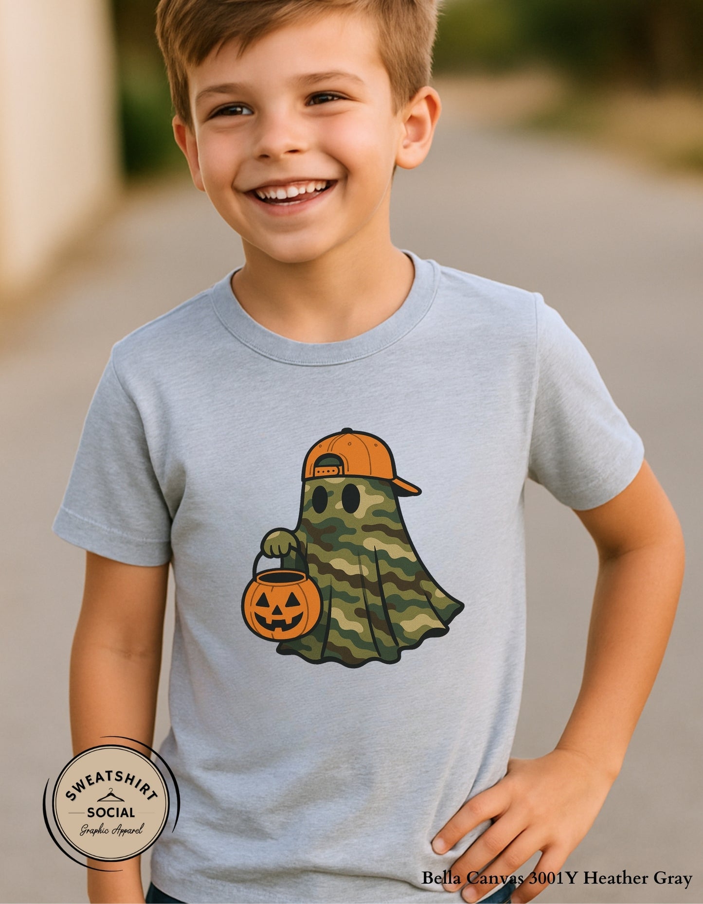Kids Camo Ghost Halloween Shirt – Customizable Name (Trick-or-Treat Tee or sweatshirt)