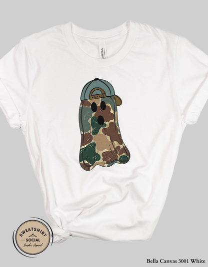 Adult Camo Ghost Halloween Shirt – Spooky Cute Tee with Hat (Unisex S–2XL)
