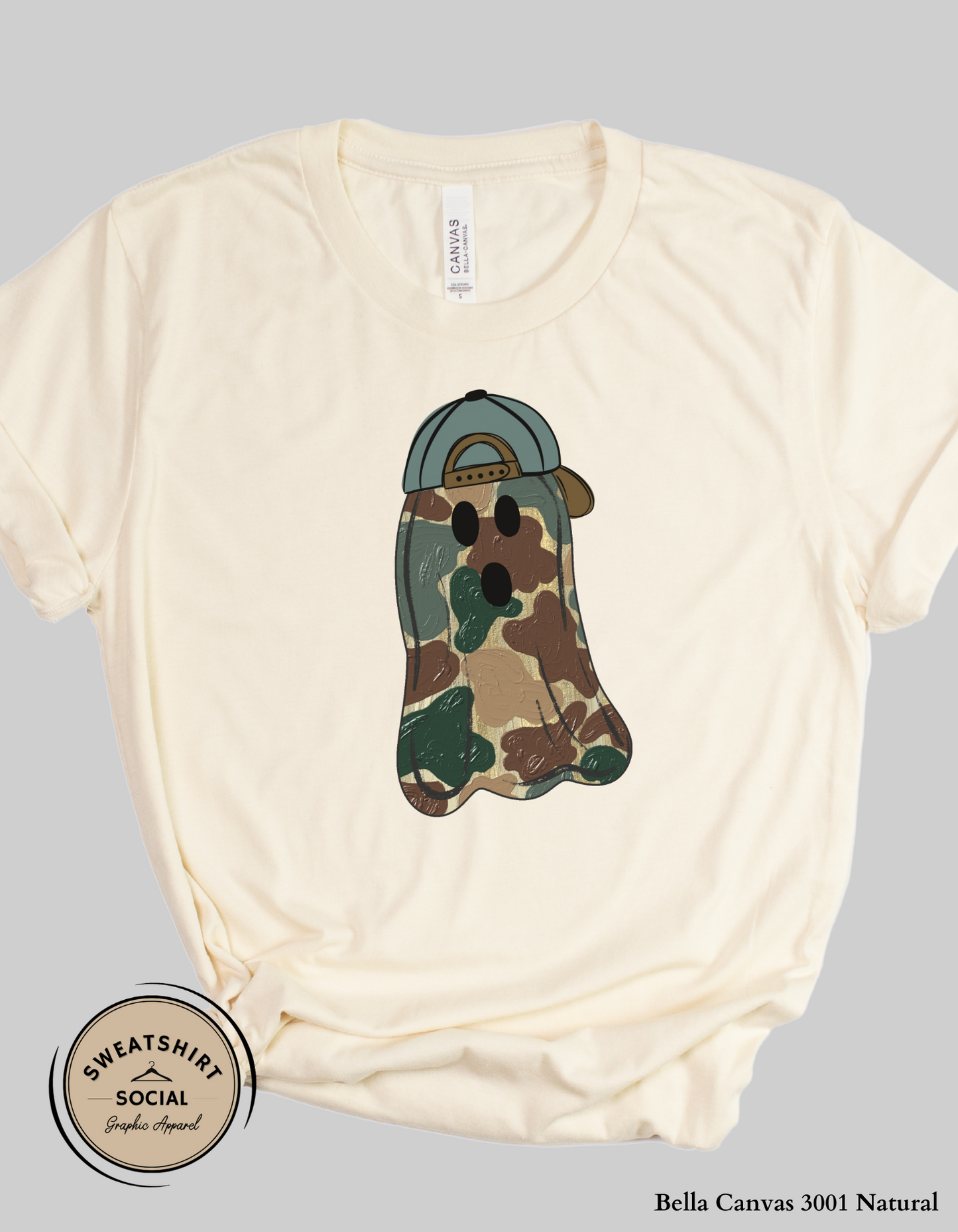 Adult Camo Ghost Halloween Shirt – Spooky Cute Tee with Hat (Unisex S–2XL)